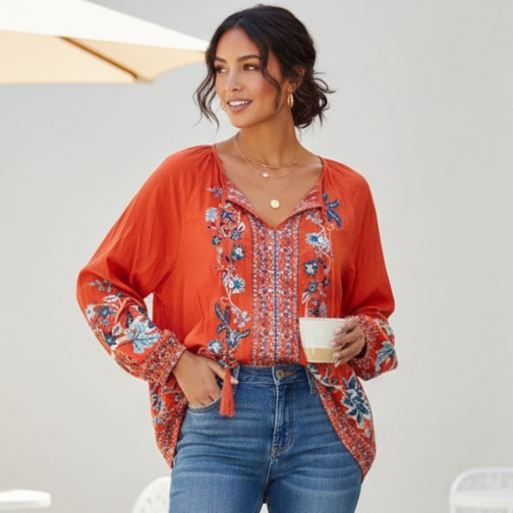 NWT Chico’s Embellished Orange Floral Boho Chic Mediterranean Blouse size 3 (XL)